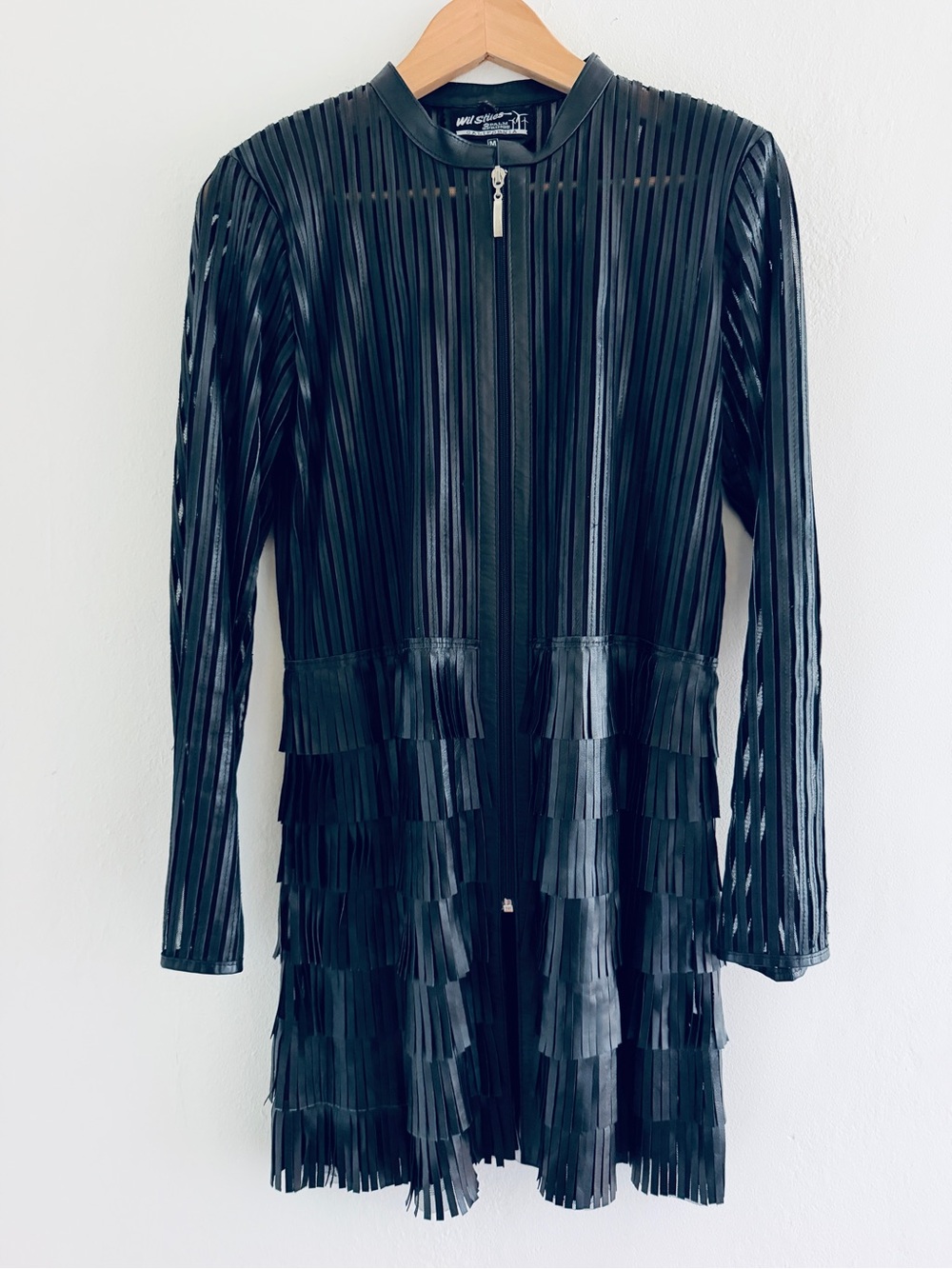 Black Leather Fringe Zip-Front Knee Length Jacket